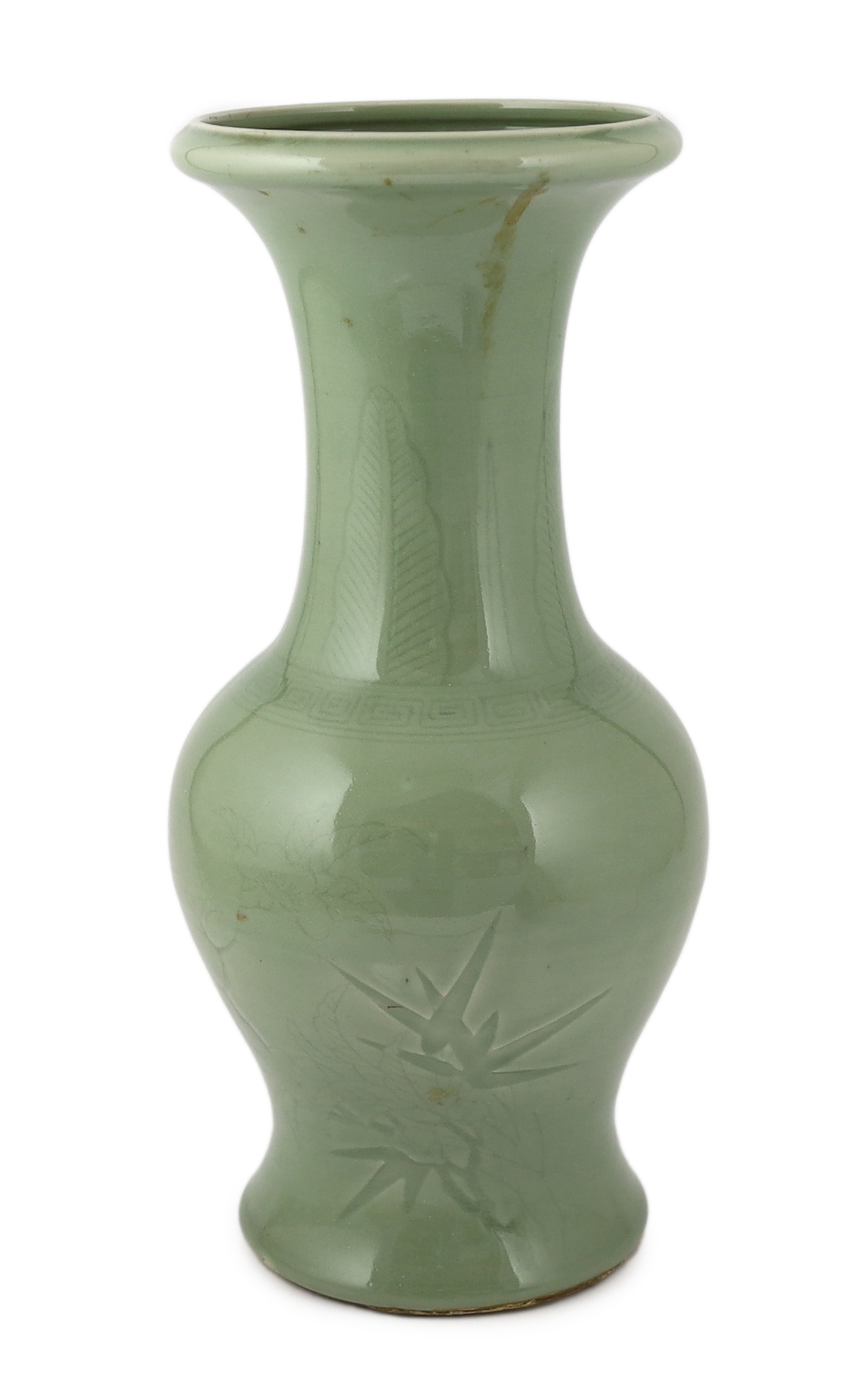 A Chinese carved celadon glazed yen-yen vase, 19th century, base drilled